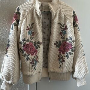 Anthropologie Textured Cream Bomber Jacket with Floral Embroidery